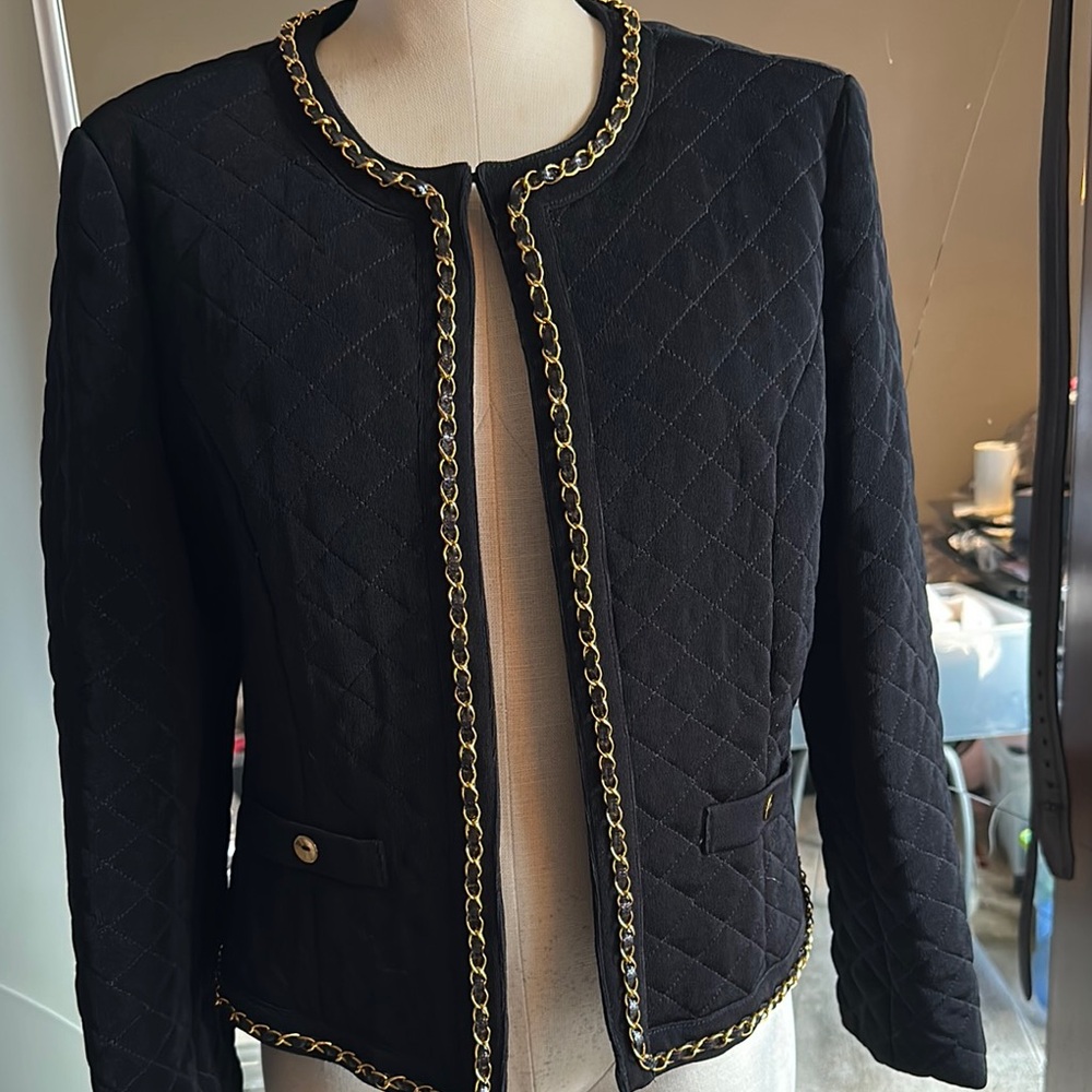 Chico's Black Quilted Jacket with Gold Chain Trim